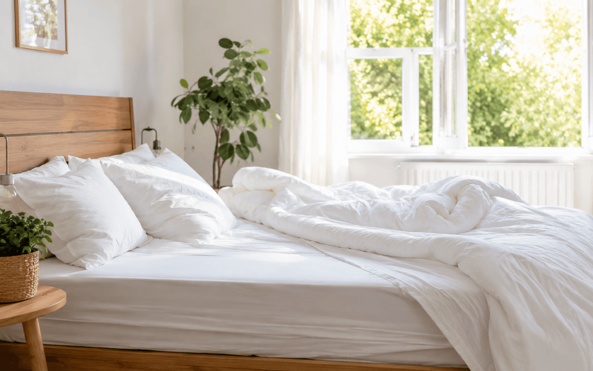 Matelas blanc découvert dans une chambre lumineuse, prêt pour le nettoyage