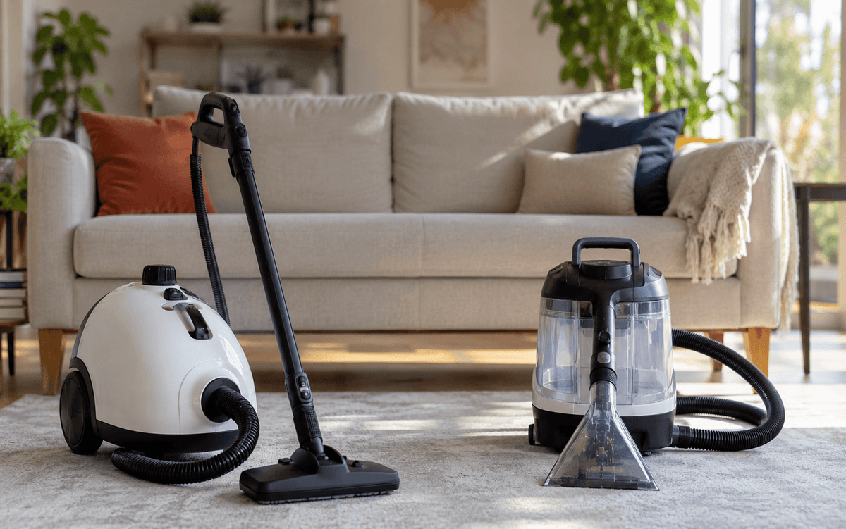 Nettoyeur vapeur et shampouineuse côte à côte devant un canapé en tissu dans un salon lumineux