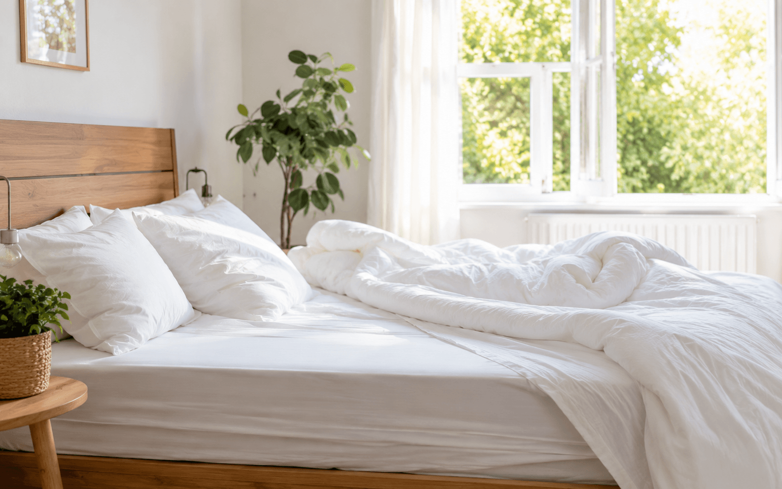 Matelas blanc découvert dans une chambre lumineuse, prêt pour le nettoyage