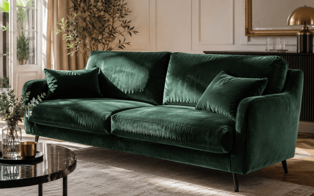 Canapé en velours dans un salon élégant, lumière rasante sur le tissu