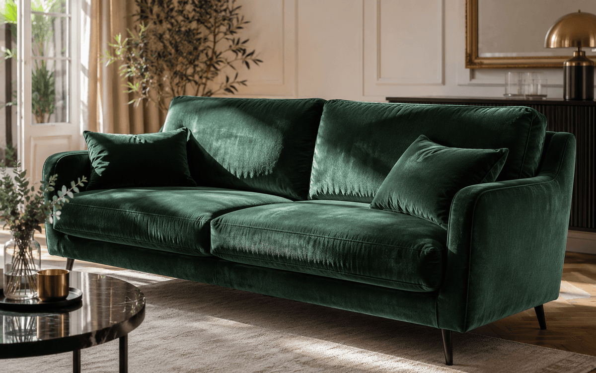 Canapé en velours dans un salon élégant, lumière rasante sur le tissu